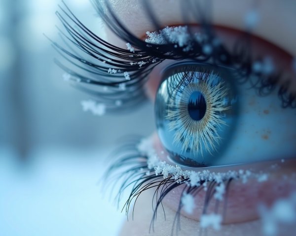 Close-up of a blue eye with snowflakes and details