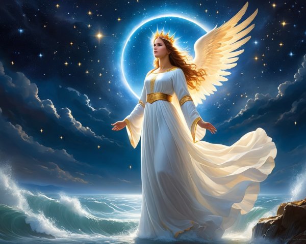 Celestial Figure with Wings Against Night Sky