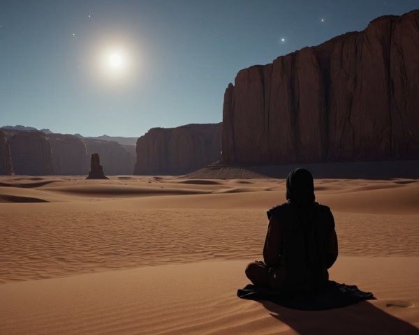 Solitary Figure in Desert Under Starry Night Sky