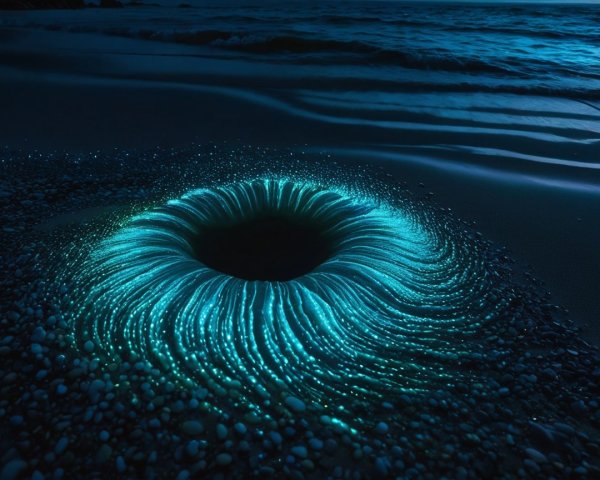 Bioluminescent Vortex on Rocky Beach at Night