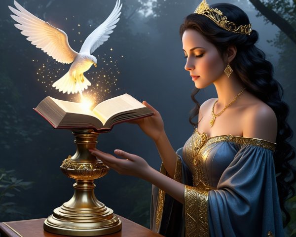 Princess in Enchanted Forest with Glowing Book