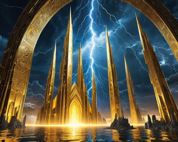 Majestic city with golden spires and dramatic skies