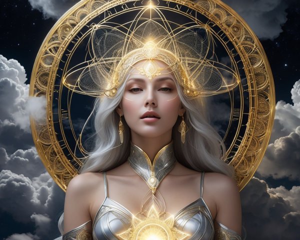 Serene figure with silver hair and ornate attire