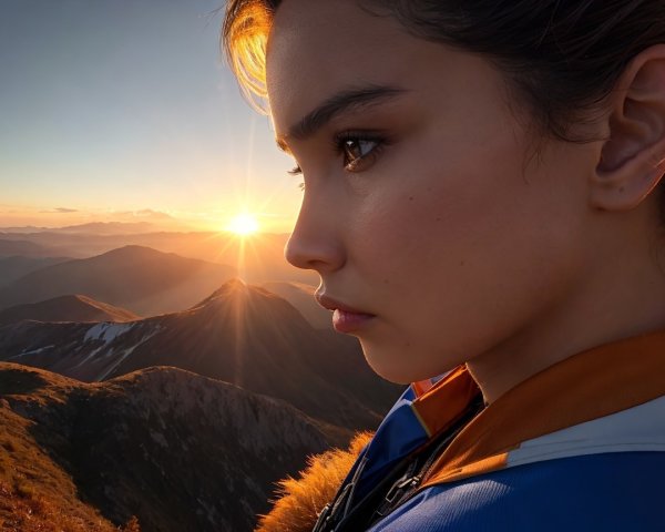 Young Woman's Profile at Mountain Sunset Scene