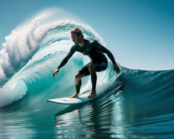 Surfer Riding a Blue Wave with Dynamic Motion