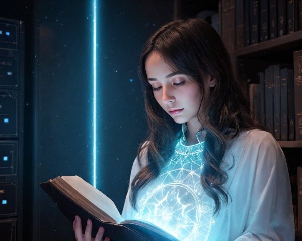 Young woman in library with glowing book and light