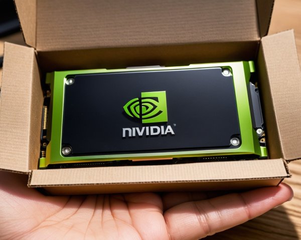 NVIDIA Graphics Card in Cardboard Box on Wooden Table
