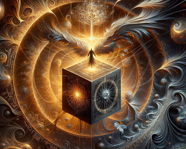 Ethereal Figure in Radiant Cube with Fractal Patterns
