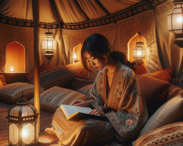 Cozy tent interior with a woman reading a book