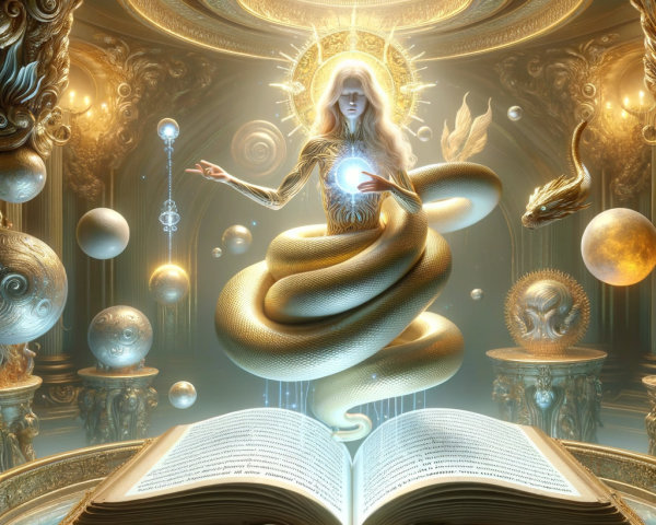 Mystical figure with golden serpent from illuminated book