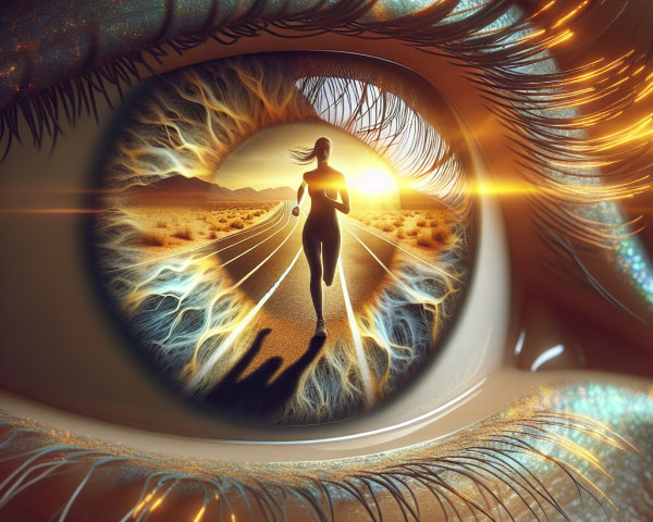 Close-up of an eye with reflective landscape and runner