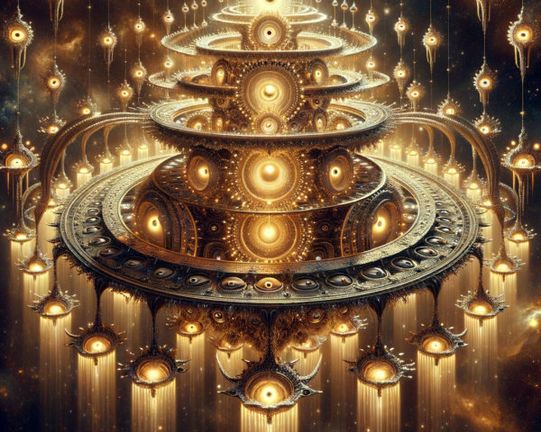 Cosmic Temple Structure with Glowing Orbs and Patterns