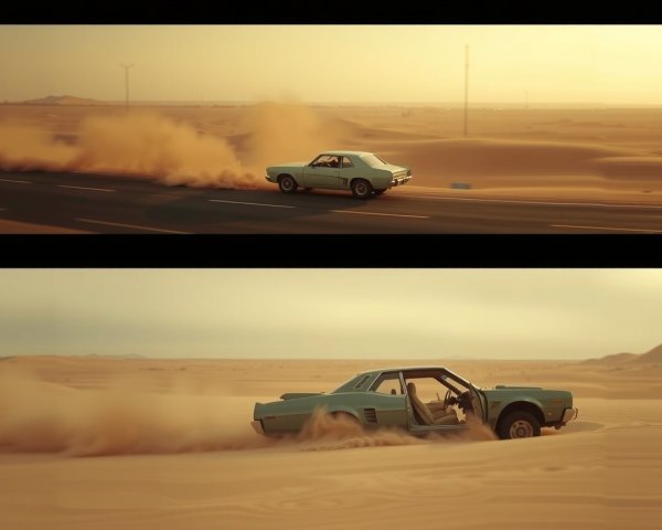 Classic Mint Green Car on Desert Highway at Sunset