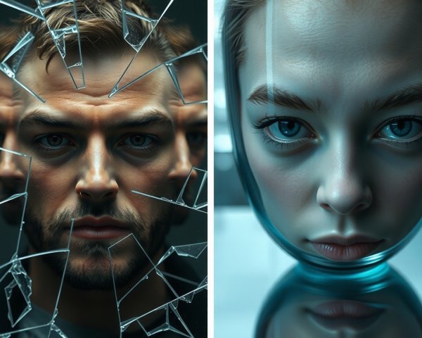 Contrasting Faces Reflected in Broken Glass Shards