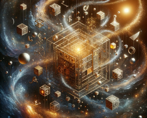 Cosmic Scene with Glowing Cube and Galaxies