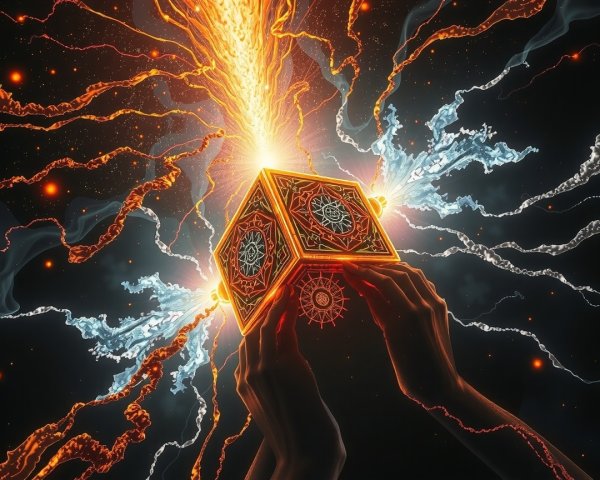 Glowing Cube Surrounded by Vibrant Light Streams