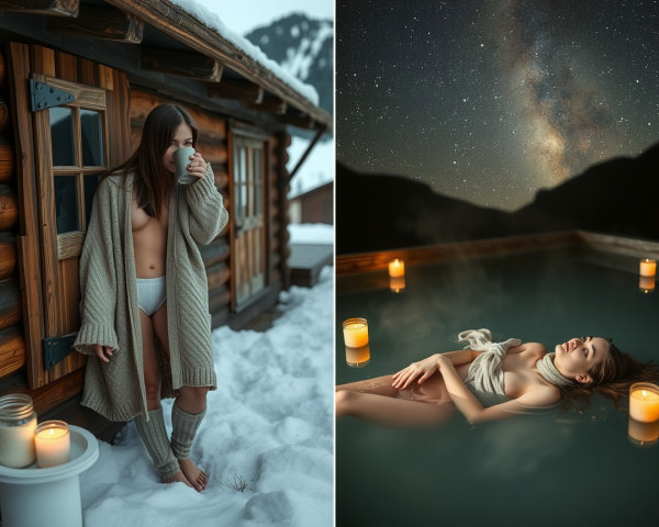 Winter Scene with Woman in Cardigan by Chalet