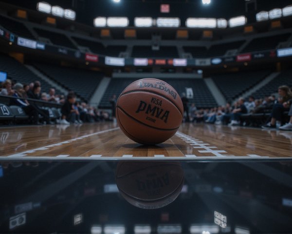 Basketball on Polished Court in Empty Arena