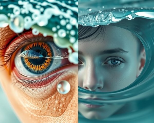 Close-up of a human eye with water patterns and fish