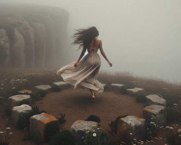 Woman in Ethereal Dress Twirling on Misty Cliff