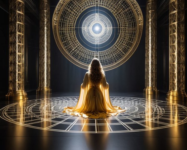 Meditative Figure in Ornate Space with Radiant Light