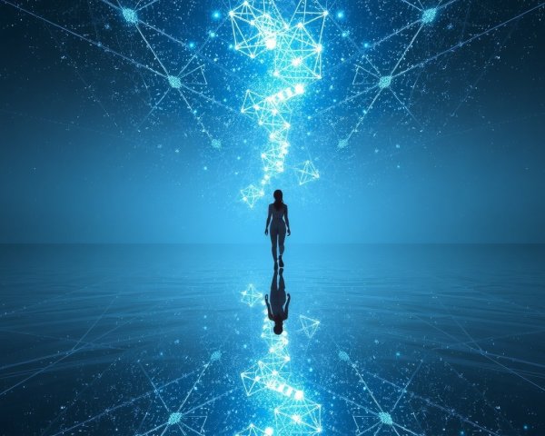 Solitary Figure in a Blue-Lit Geometric Landscape