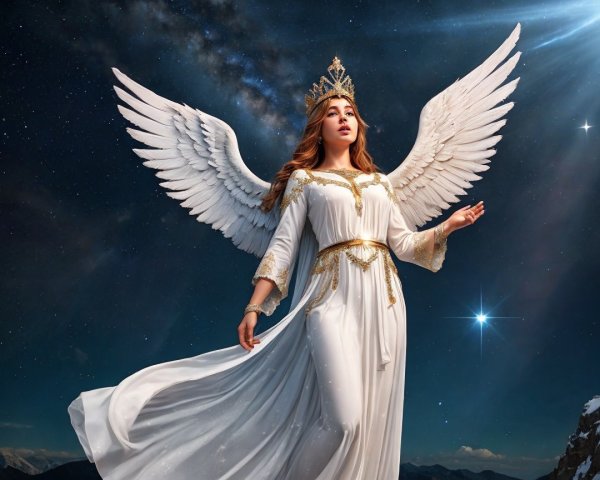 Celestial Figure in White Gown Beneath Starry Sky