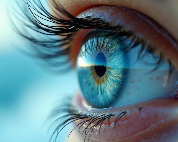 Close-up of a blue eye with gold hues and reflection