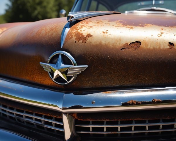 Antique Car Hood with Rust and Vintage Emblem