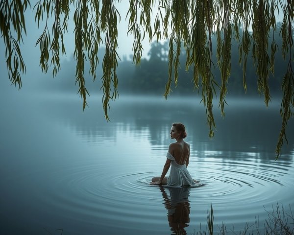 Serene Woman in White Dress by Misty Lake