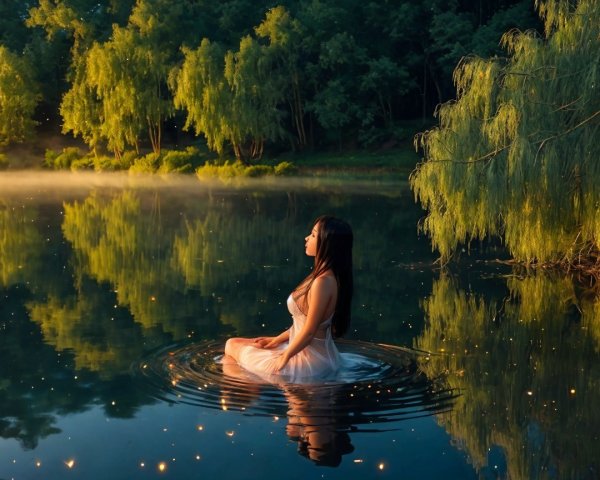Woman in flowing dress sitting in serene lake at sunset