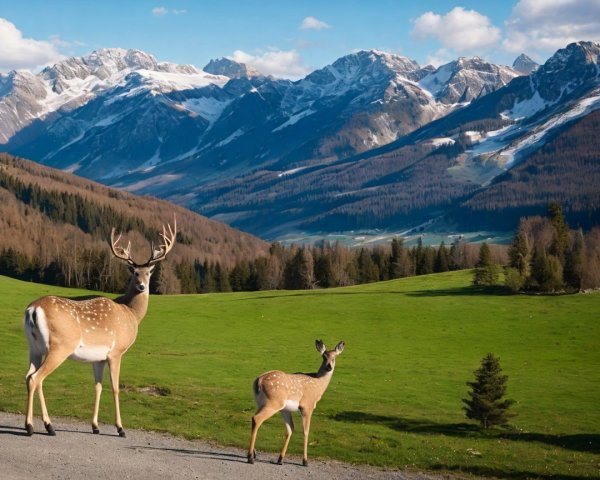 Deer in a Scenic Mountainous Landscape with Peaks