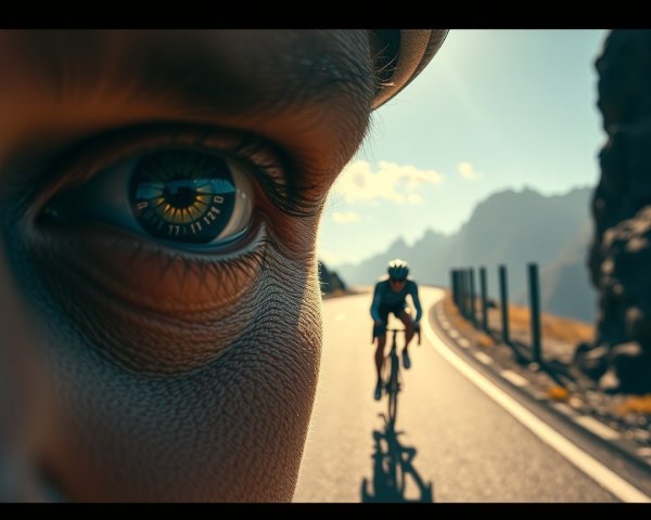 Close-Up of Eye Reflecting Cyclist on Mountain Road