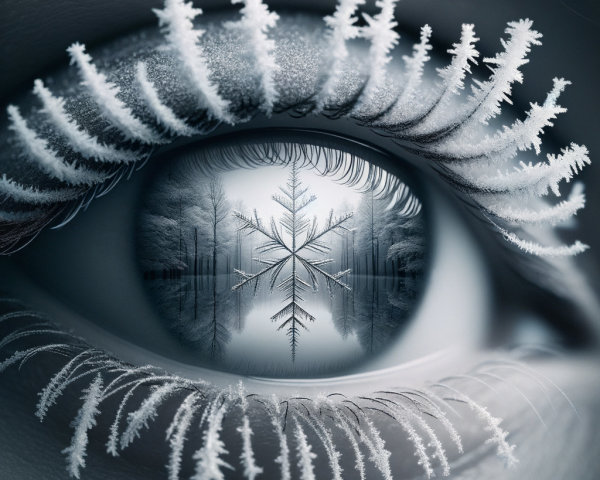 Close-Up of Eye with Frosted Eyelashes and Landscape