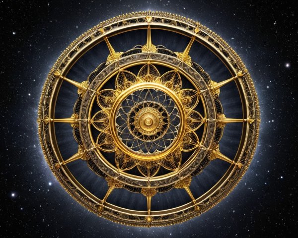 Circular Design with Golden Patterns and Starry Background