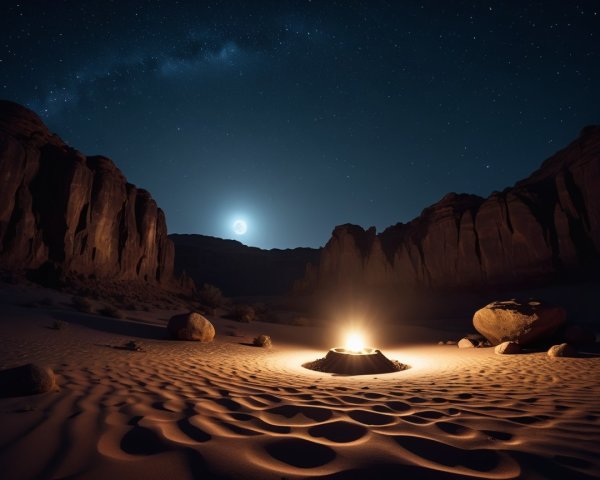 Serene Desert Scene with Campfire and Moonlit Dunes