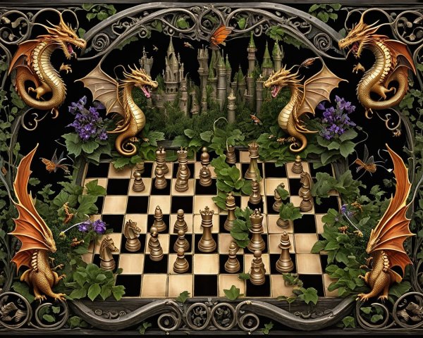 Fantastical Chessboard with Dragons and Castle Backdrop