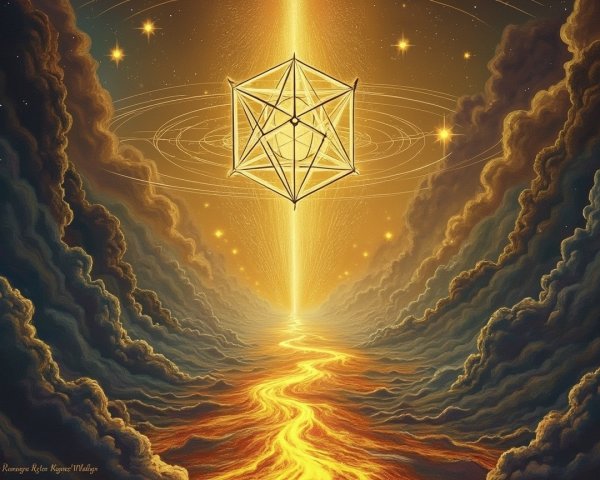 Geometric Structure Above Golden Stream and Clouds