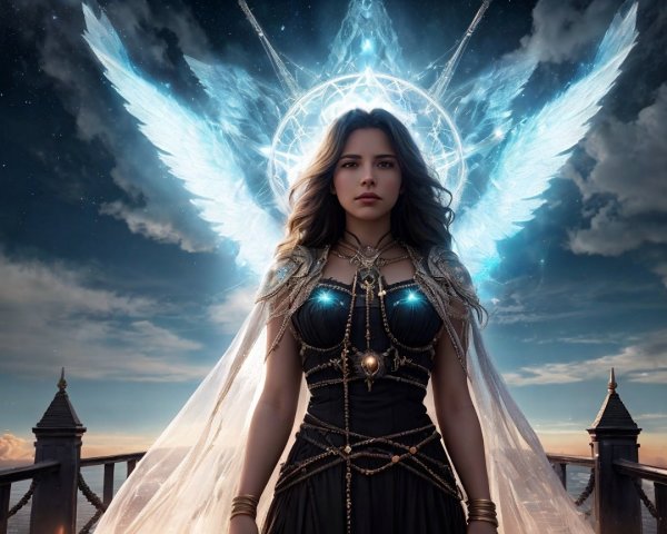 Ethereal Figure in Black Gown with Glowing Wings