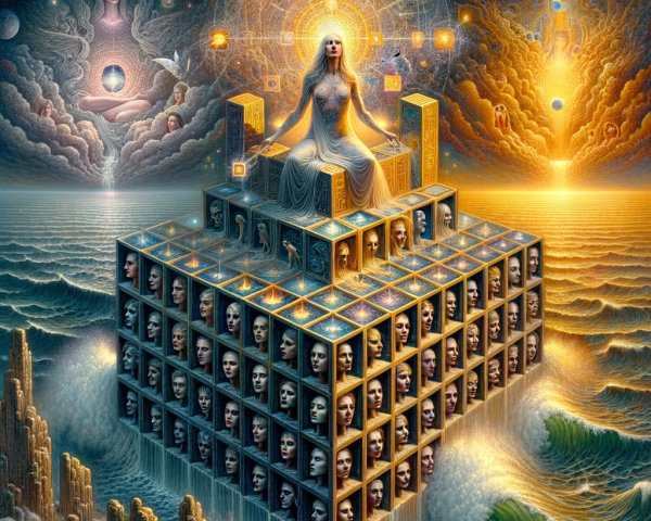 Surreal Scene of a Figure on a Cosmic Cube