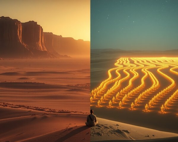 Contrasting Desert Landscapes at Sunset and Night