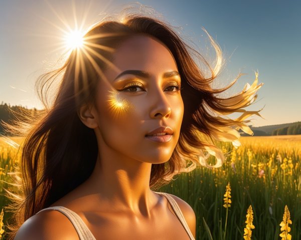 Close-up of a Hispanic woman in a field of lupines