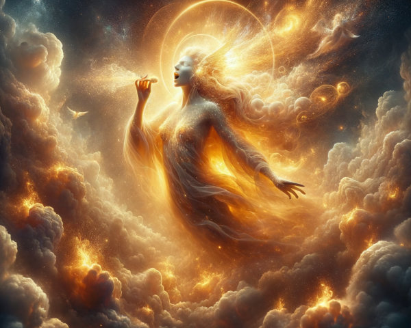 Celestial Figure in Ethereal Gown Surrounded by Light