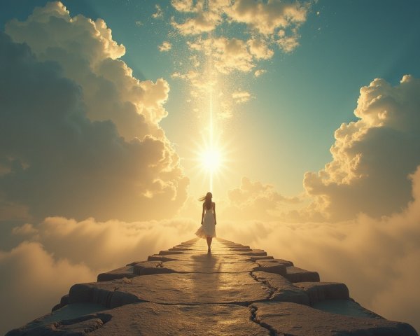 Stone Pathway Under Luminous Sky with Clouds