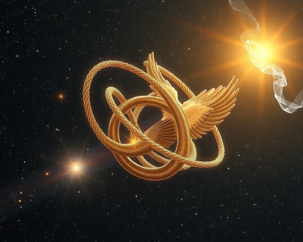 Golden Phoenix and Serpent in Cosmic Scene
