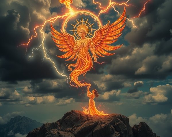 Radiant angel with fiery wings on rocky peak