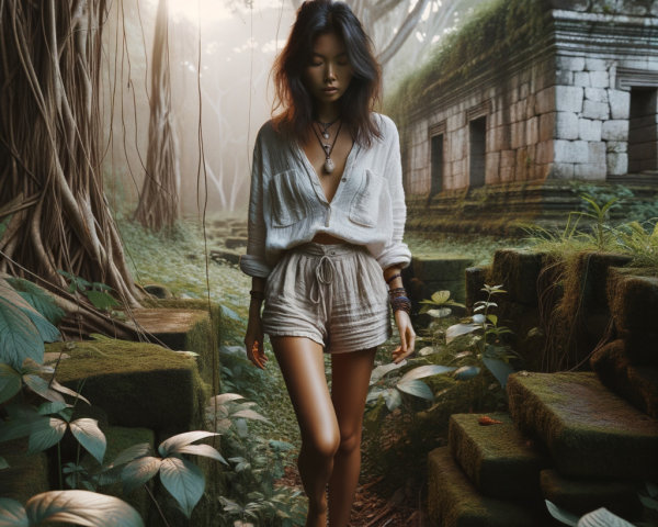 Mysterious Figure in Lush Jungle with Ancient Ruins