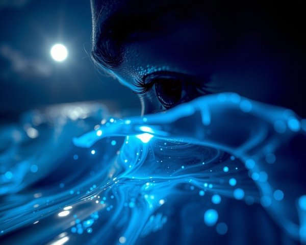 Close-up of an eye in glowing blue water scene