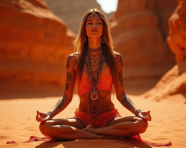 Serene Woman in Desert with Red Rock Formations