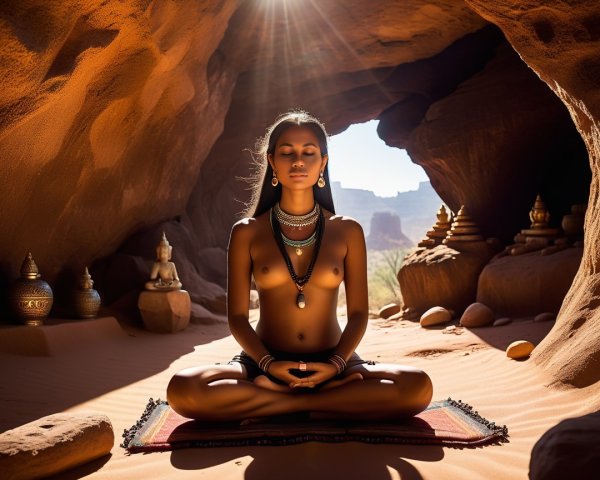 Meditative Figure in Sunlit Cave with Colorful Mat